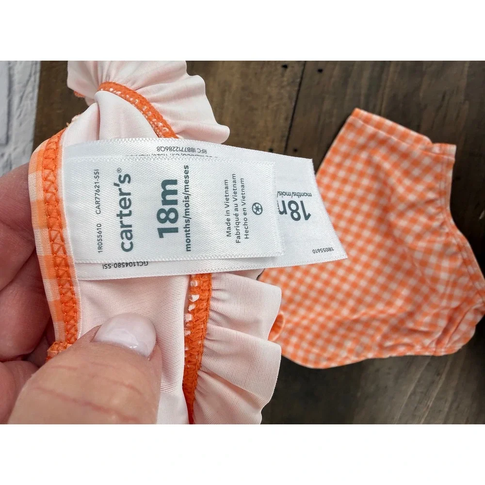 Carters Baby Girl 18M Orange Gingham Ruffle Two Piece Swimsuit UPF 50+ NWT